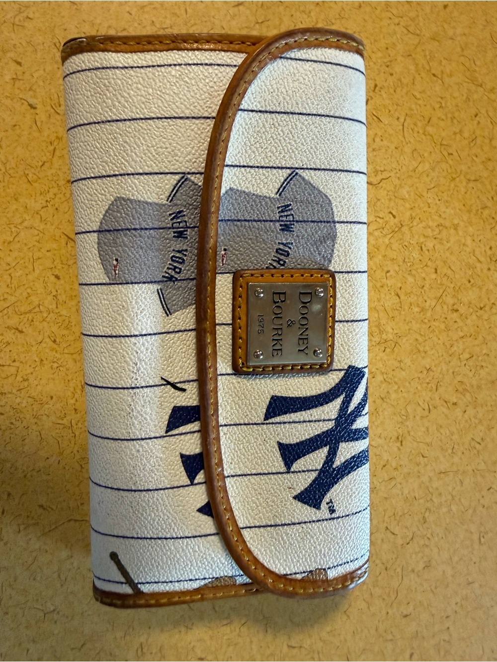 Dooney & Bourke White Navy New York Baseball Logo Wallet with Brown Trim
